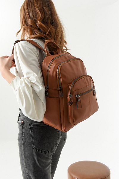 Getcho Miloya Tan Women's Satin Backpack Stylish Model with Multi-Eye Zipper for Daily Use