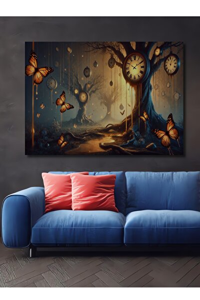Teona Ahşap Saatli Kelebekler Diyarı Yağlı Boya Görünümlü Ahşap Dekoratif Dik...