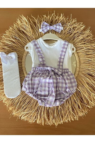 EBRU ÖZÖRGÜCÜ Girl's Gingham Romper Blouse Bandana and Socks Set