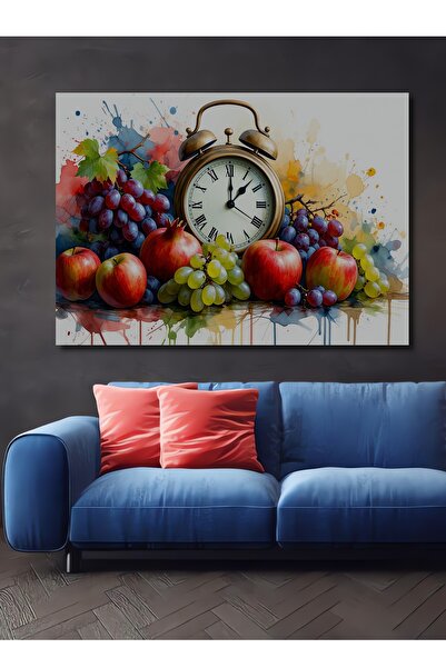 Teona Ahşap Sulu Boya Görünümlü Meyve Şöleni Saatli Ahşap Dekoratif Dikdörtge...