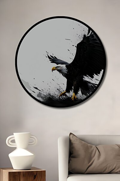 Teona Ahşap Siyah Beyaz Kartal Modern Sanat Ahşap Dekoratif Yuvarlak Salon/Of...