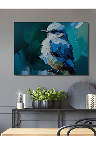 Teona Ahşap Turkuaz Mavi Kuş Yağlı Boya Görünümlü Ahşap Dekoratif Dikdörtgen ...