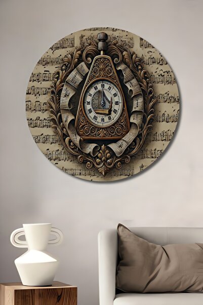 Teona Ahşap Altın Saatli Notalar Yağlı Boya Görünümlü Ahşap Dekoratif Yuvarla...