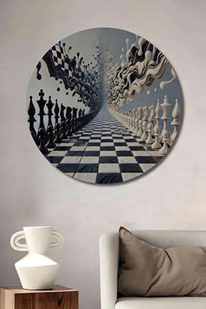 Teona Ahşap Soyut Satranç Arenası Yağlı Boya Görünümlü Ahşap Dekoratif Yuvarl...