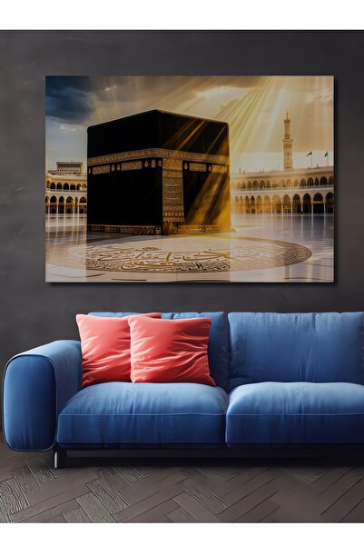 Teona Ahşap Kabe Mescidi Haram Altın Işıklar Yağlı Boya Görünümlü Ahşap Dekor...