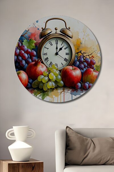 Teona Ahşap Sulu Boya Görünümlü Meyve Şöleni Saatli Ahşap Dekoratif Yuvarlak Salon/Ofis/Ev/Mutfak/Banyo Tablo