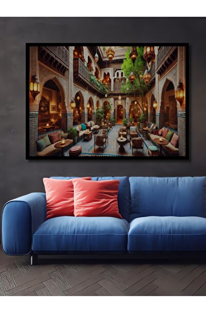 Teona Ahşap Fas Rüyası Yağlı Boya Görünümlü Sanat Dekoratif Dikdörtgen Salon/...