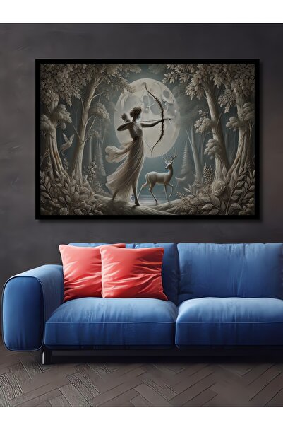Teona Ahşap Ay Tanrıçası Artemis ve Geyik Yağlı Boya Görünümlü Ahşap Dekoratif Dikdörtgen Salon/Ofis/Ev Tablo