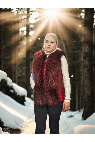 ERTAŞ TREND STORE Women's Premium Natural Fur Sleeveless Zippered Vest - Red