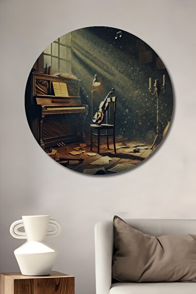 Teona Ahşap Nostaljik Müzik Odası Yağlı Boya Görünümlü Ahşap Dekoratif Yuvarl...