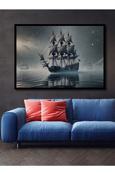 Teona Ahşap Karayip Korsanları Deniz Savaşı Yağlı Boya Görünümlü Ahşap Dekoratif Dikdörtgen Salon/Ofis Tablo