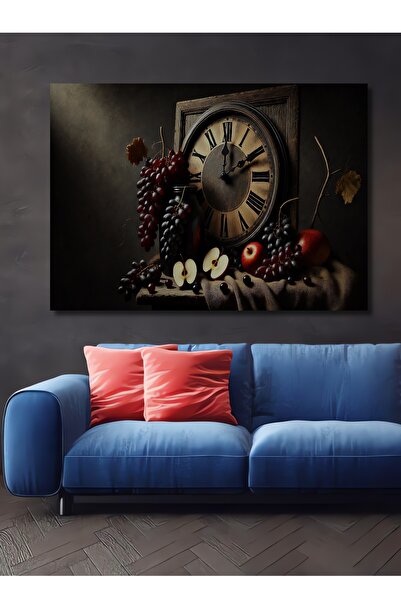 Teona Ahşap Retro Saat ve Üzüm Yağlı Boya Ahşap Dekoratif Dikdörtgen Salon/Of...