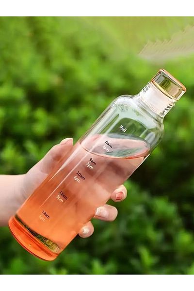 MUKKO HOME 550 ml Borosilicate Glass Water Bottle – with Time Scale, Leak-Proof Lid, 6 Color Options