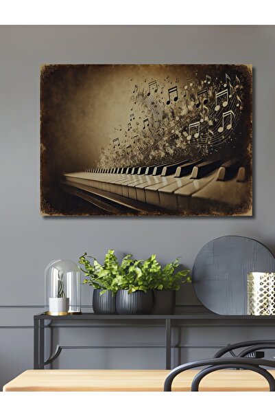 Teona Ahşap Eskitilmiş Piyano Tuşları ve Notalar Yağlı Boya Görünümlü Dekorat...