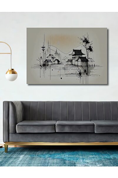 Teona Ahşap Japon Evleri Kara Kalem Manzarası Ahşap Dekoratif Dikdörtgen Salo...
