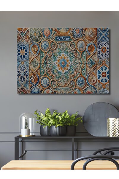 Teona Ahşap Kütahya Çini Sanatı Yağlı Boya Görünümlü Ahşap Dekoratif Dikdörtg...