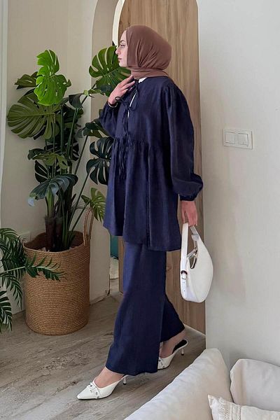 lamelif Waist Gathered Balloon Sleeve Suit Navy Blue
