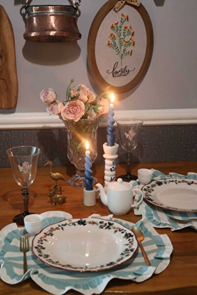 vintagetasarım amerikan servis oval 2 adet yeşil çizgili fırfırlı vintage duc...