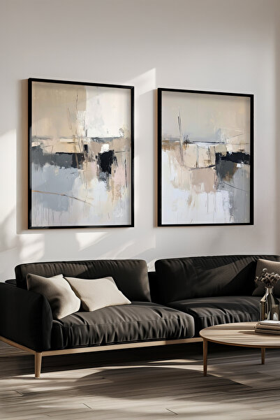 STARYUNA Siyah çerçeveli soyut absract tablo seti, siyah ahşap çerçeveli 2'li tablo seti Yuna133