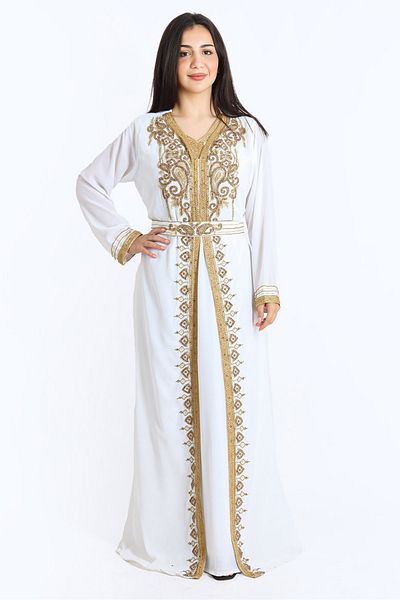IKKXA Crystal Craft Dazzling Threadwork White Kaftan IKW1110