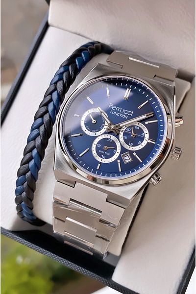 Ferrucci Brand Silver Color Steel Cord Inner Functions Active Steel Men's Wristwatch - with Bracelet Gift
