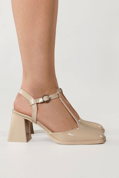 Lio Shoes Pantofi cu toc din piele lacuita bej pentru femei, cu talpa TPU cu varf patrat KBEJR106