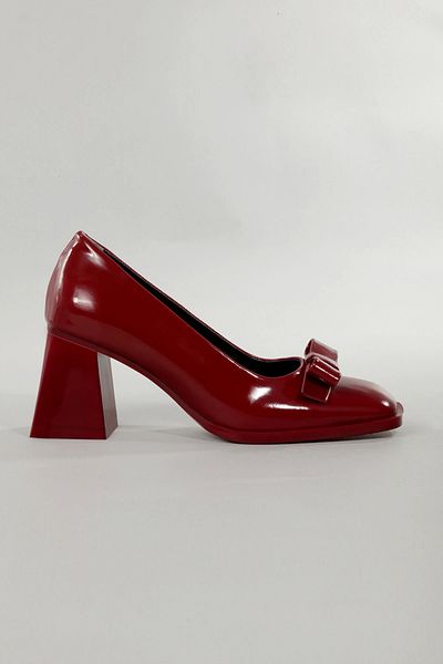 Lio Shoes Pantofi cu toc din piele lacuita de dama burgundy cu fundita cu varf patrat Talpa TPU KBRDRF100