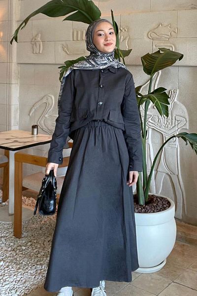lamelif Pocket Detailed Double Skirt Hijab Suit Anthracite