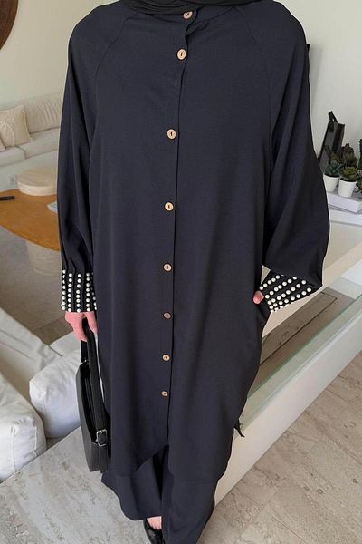 lamelif Black Pearl Detailed Hijab Double Set