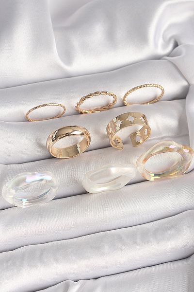 Clariss Brass Gold Color White Acrylic Plastic Modek Pole Star Processing Detail Women's Ring Combination