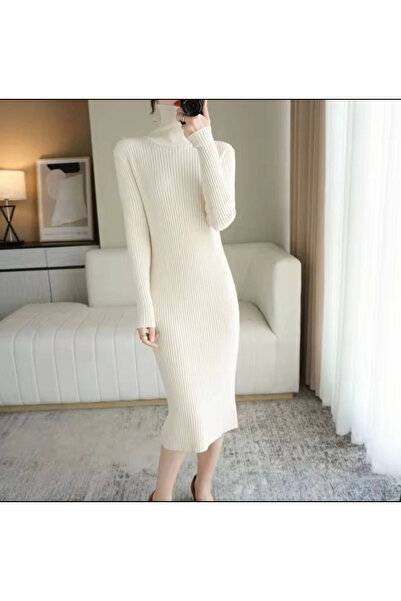 velmorafashion Velmora Premium Women's High Neck Long Corded Fabric Knitwear Woven Dress - White