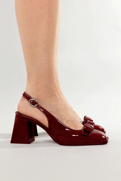 Lio Shoes Pantofi cu toc din piele lăcuită de damă, burgundă, cu vârf pătrat, fundă, talpă TPU KBRDRF101