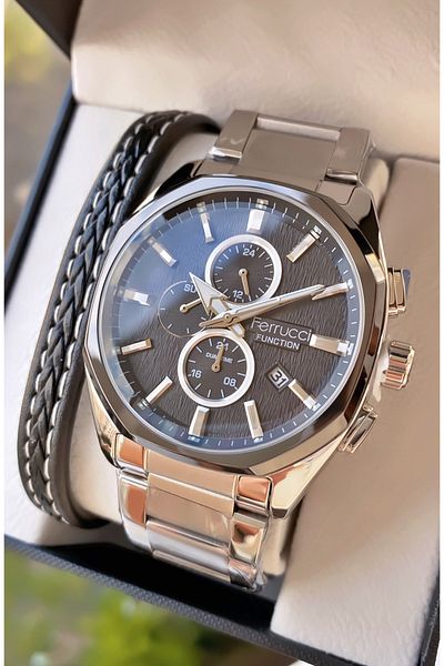 Ferrucci Brand Silver Color Steel Cord Inner Functions Active Steel Men's Wristwatch - with Bracelet Gift
