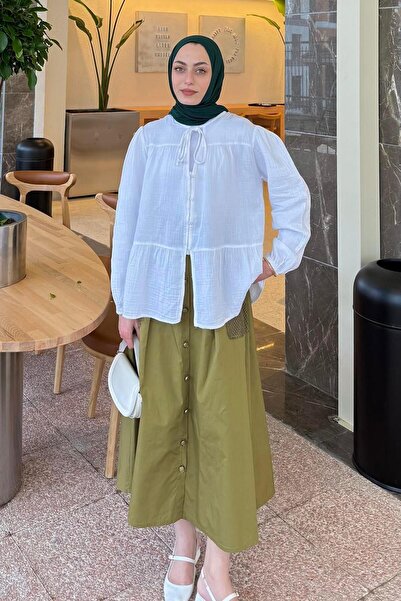 lamelif Λευκό πουκάμισο μουσουλμανικής χιτζάμπ με λαιμόκοψη V με ελαστικά μανίκια