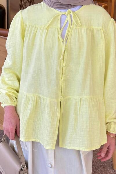 lamelif V-Neck Sleeves Padded Customer's Hijab Inside Yellow Soft Shirt