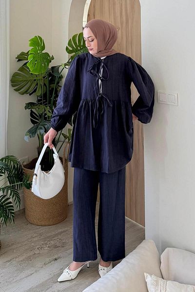 lamelif Waist Gathered Balloon Sleeve Suit Navy Blue