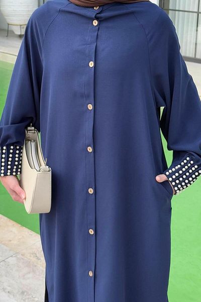 lamelif Pearl Detailed Hijab Διπλό Σετ Navy Blue