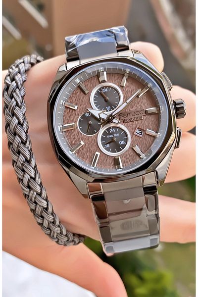 Ferrucci Brand Black Color Steel Cord Inner Functions Active Steel Men's Wrist Watch - with Bracelet Gift