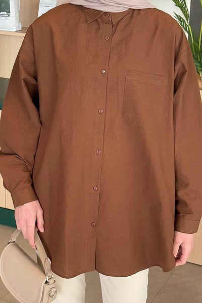 lamelif Lena Oversize Καφέ Πουκάμισο