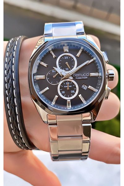 Ferrucci Brand Silver Color Steel Cord Inner Functions Active Steel Men's Wristwatch - with Bracelet Gift
