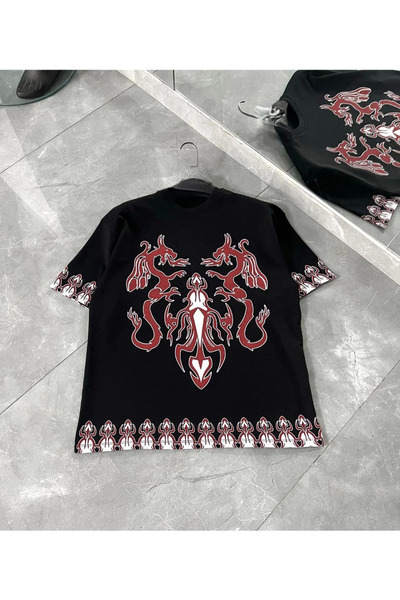 ERTAŞ TREND STORE تي شيرت رجالي بأكمام قصيرة وياقة دائرية مطبوع مقاس كبير - أسود