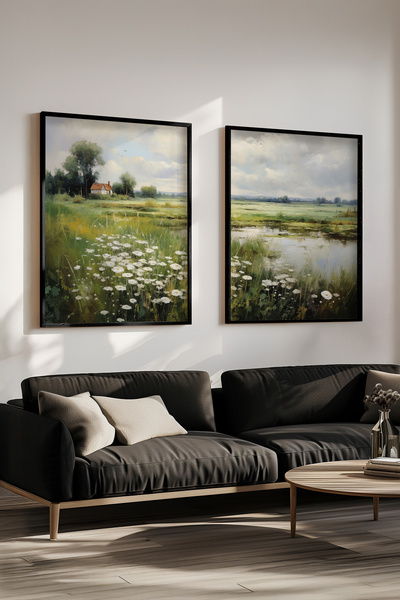 STARYUNA 2-dijelni set slika sa efektom uljane slike, crne drvene slike u okv...