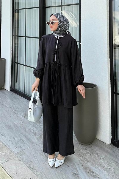 lamelif Anthracite Waist Gathered Balloon Sleeve Set