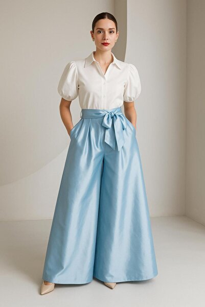 MERT ERKAN Cepli & Kuşakla Bağlama Detaylı Geniş Paça Mavi Tafta Pantolon