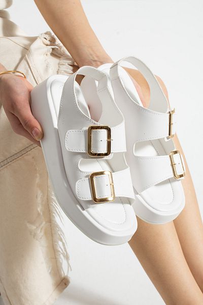Moda Devrin White Thick Sole Rubber Detailed Double Buckle Wrap Sandals