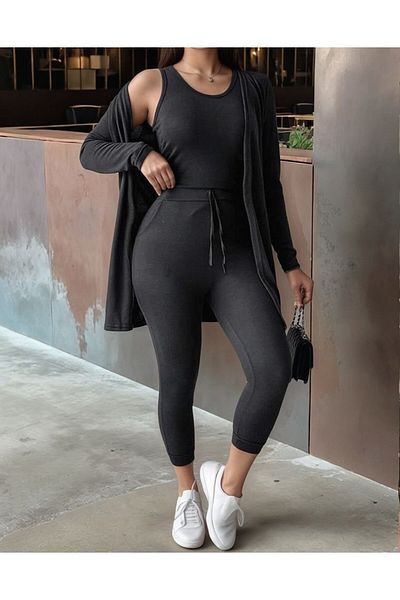 Moka Shopin Mokashopin Women's Long Sleeve Cardigan Undershirt and Sweatpants Wool Viscose Triple Set