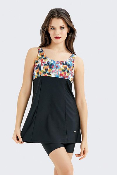 C&City Strumpfhosenkleid Badeanzug C14380 Schwarz/Blumen