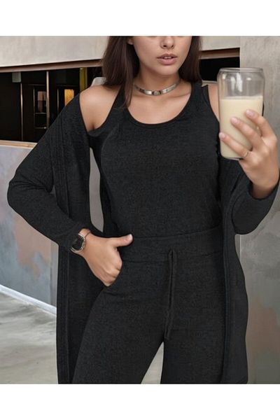 Moka Shopin Mokashopin Women's Long Sleeve Cardigan Undershirt and Sweatpants Wool Viscose Triple Set