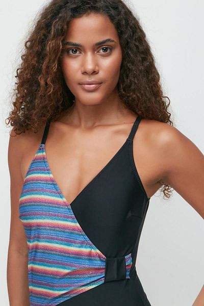 C&City V-Neck Double Breasted Swimsuit 7781 Black/Multicolor