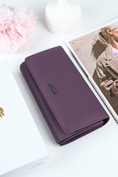 ESGUARE محفظة نسائية بتصميم جلد طبيعي 100% مع مقصورات